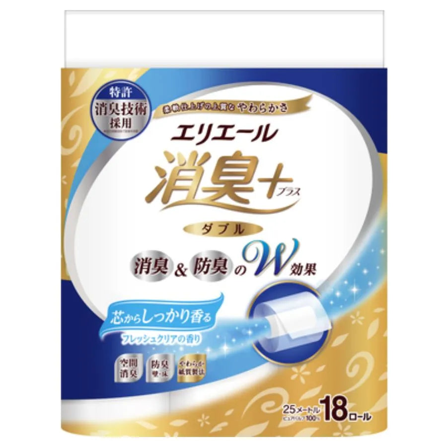 エリエール 消臭+ トイレットティシュー 芯からしっかり香る フレッシュクリアの香り シングル 25m 18ロール×4パック