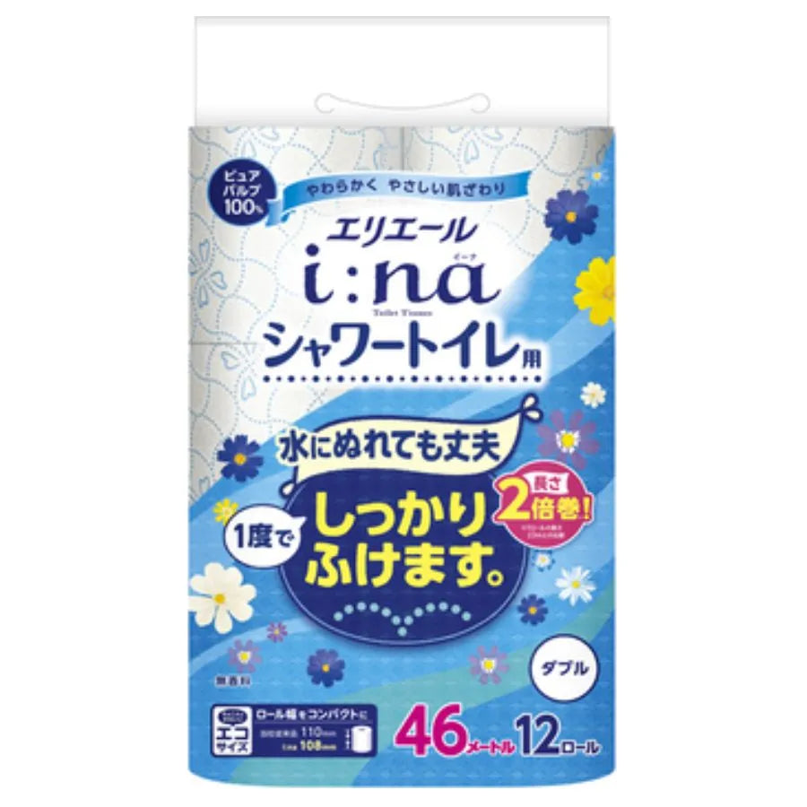 エリエール i:na(イーナ)トイレットティシュー シャワー用 2倍巻 ダブル 46m 12ロール×6パック
