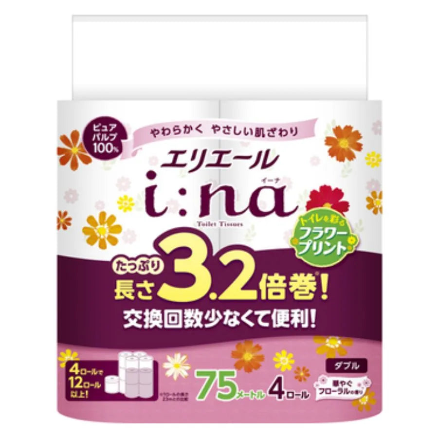 エリエール i:na(イーナ)トイレットティシュー 3.2倍巻 プリント ダブル 75m 4ロール×16パック