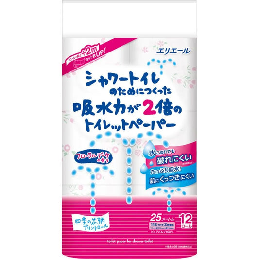 エリエール シャワートイレのためにつくった吸水力が2倍のトイレットペーパー ダブル フラワープリント香水付き 12ロール×6パック