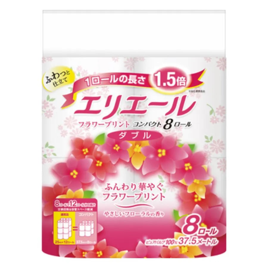 エリエール トイレットティシュー フラワープリント コンパクト ダブル 37.5m 8ロール×12パック