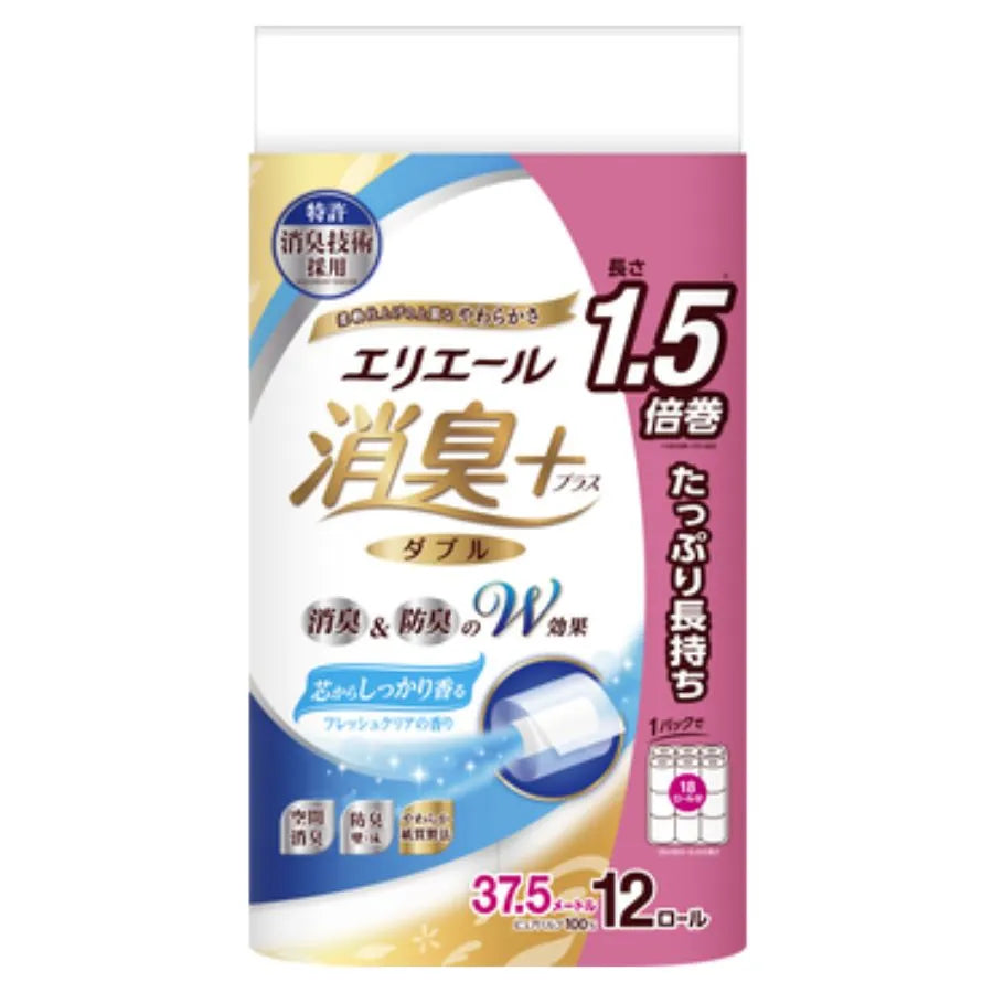 エリエール 消臭+ トイレットティシュー 芯からしっかり香る フレッシュクリアの香り たっぷり長持ち ダブル 37.5m 12ロール×6パック