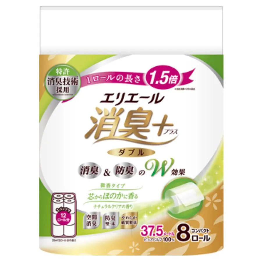 エリエール 消臭+ トイレットティシュー 芯からほのかに香る ナチュラルクリアの香り コンパクト ダブル 37.5m 8ロール×12パック