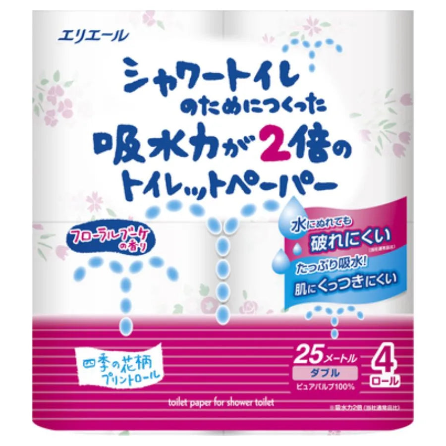 エリエール シャワートイレのためにつくった吸水力が2倍のトイレットペーパー フラワープリント香水付き ダブル 25m 4ロール×24パック