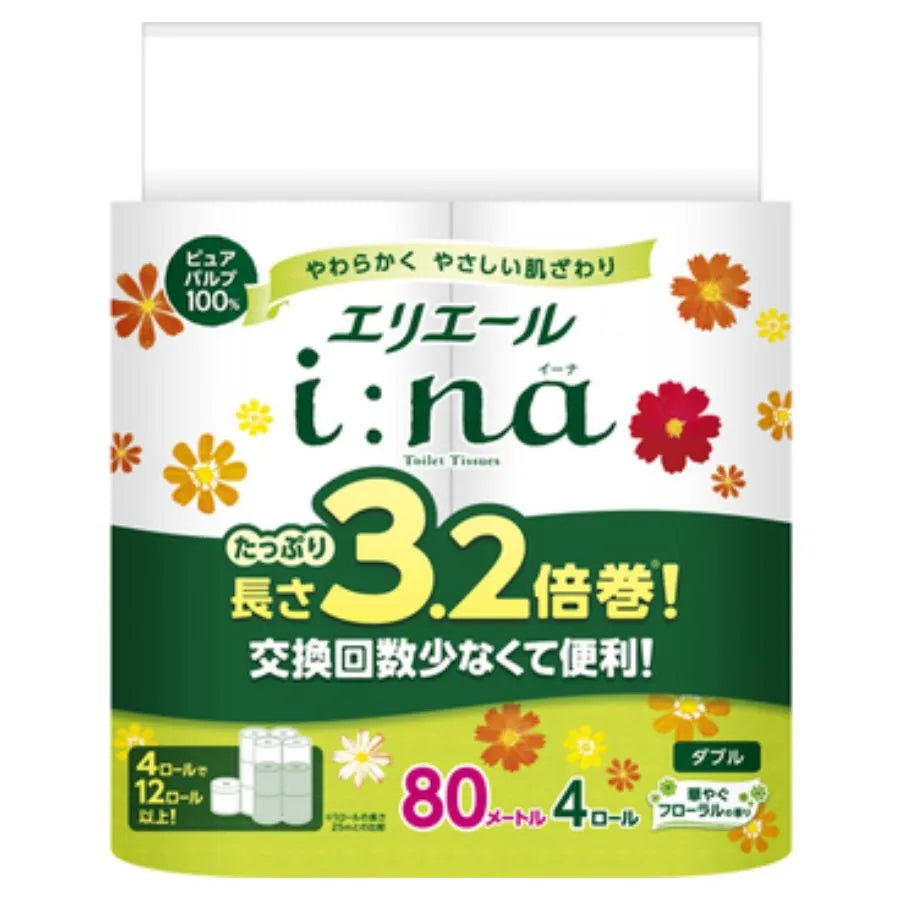 エリエール i：na（イーナ）トイレットティシュー 3.2倍巻 ダブル 80m 4ロール×16パック