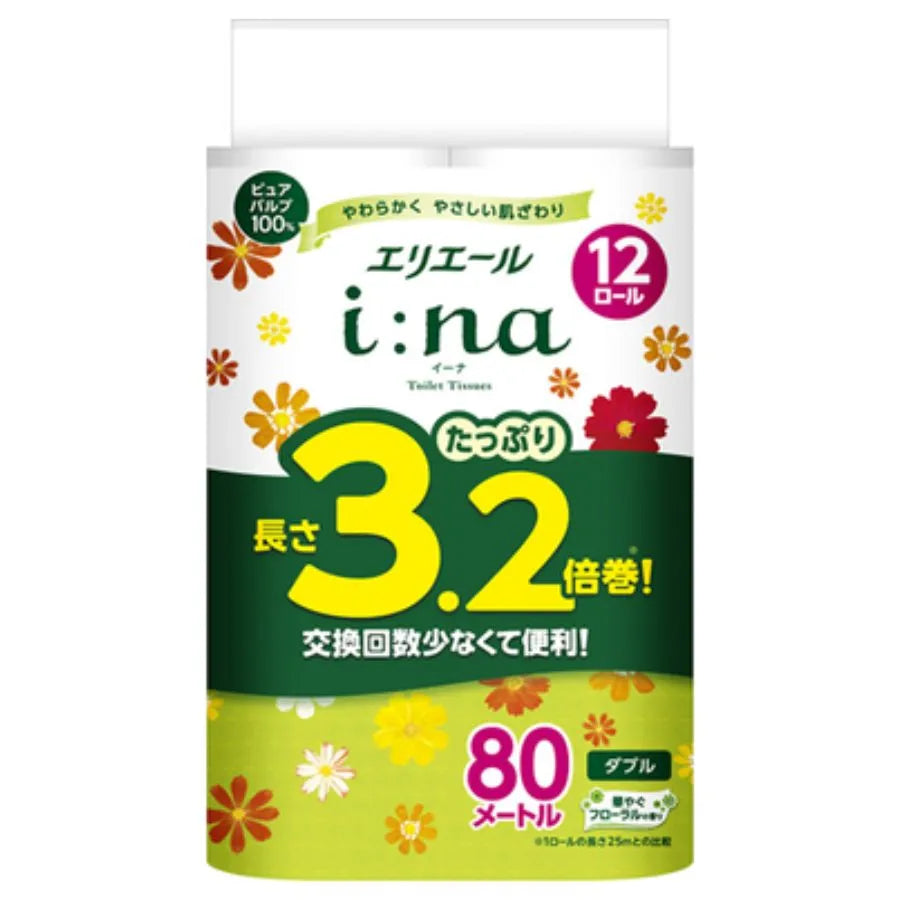 エリエール i：na（イーナ）トイレットティシュー 3.2倍巻 ダブル 80m 12ロール×4パック