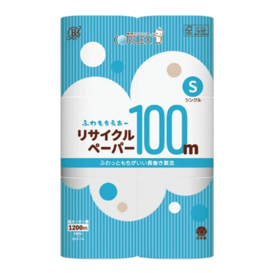 ふわもちリサイクルペーパー シングル 100m 12ロール×8パック